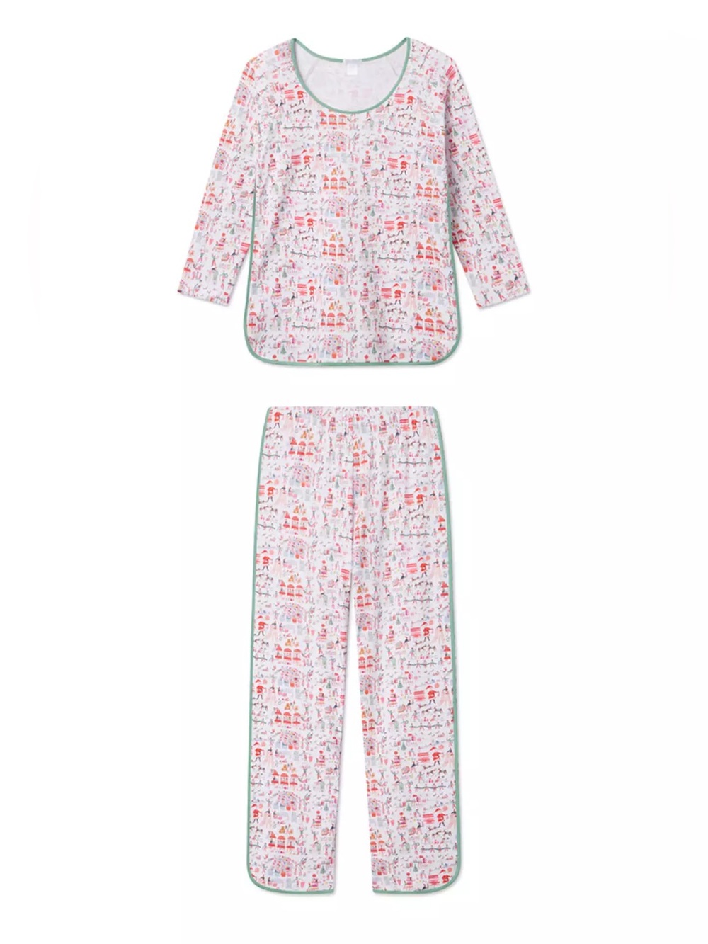 Holiday Print Pajama Set in Pink with Green Trim